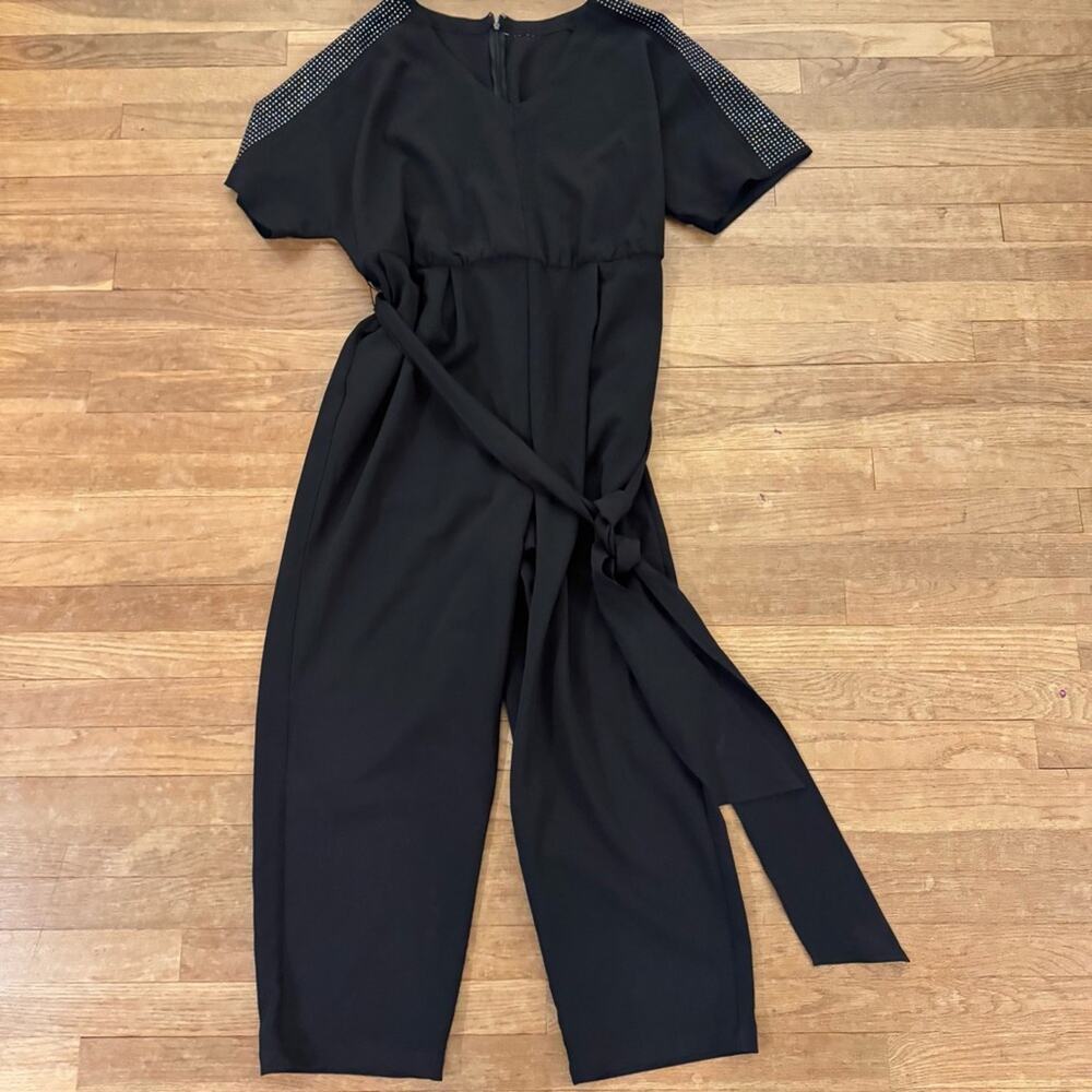 Lane Bryant black belted short sleeve romper with studded shoulders sz XXL b52